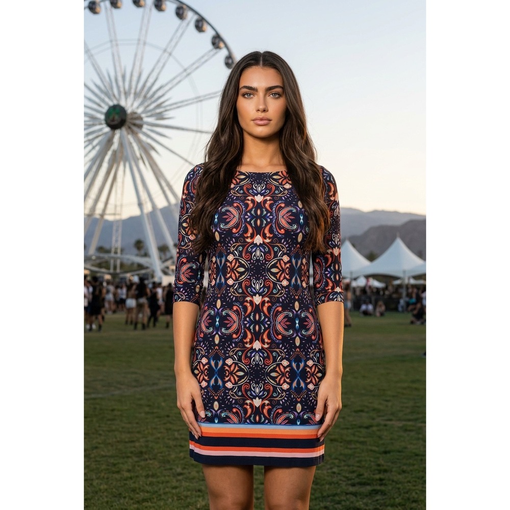 Vince Camuto  Navy Orange Paisley Print 3/4 Sleeve‎ Shift Dress